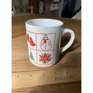 Christmas Red Green Stocking Candy Cane Bells Tree Snowman Coffee Tea Cup Mug
